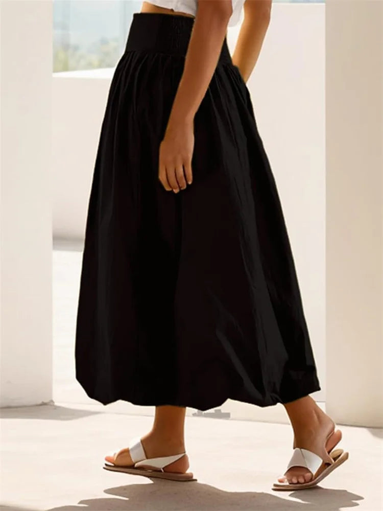 LIZAKOSHT  -  Women Long Maxi Skirts Casual Loose Fit Elastic Waist Solid Color Ruched Pleated Skirts for Summer Spring Streetwear