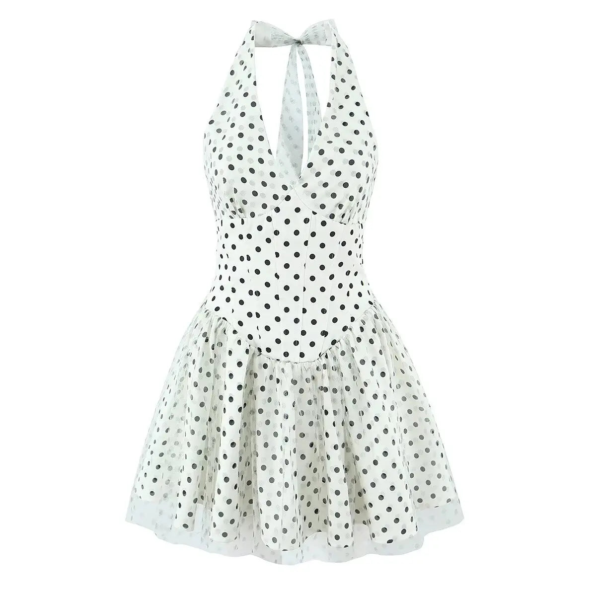 LIZAKOSHT  -  Sexy Polka Dot Print Spliced Mesh Bow Halter Dress Women Backless Slim Low Waist Swing Ball Gown Short Sling Dresses Vestidos