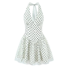LIZAKOSHT  -  Sexy Polka Dot Print Spliced Mesh Bow Halter Dress Women Backless Slim Low Waist Swing Ball Gown Short Sling Dresses Vestidos