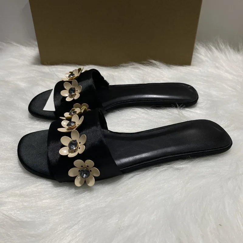 LIZAKOSHT  -  Brand Summer Women Flat Slides Flower Decoration Black Open Toe Vacation Female Beach Shoes Outside Plus Size Modern Slippers