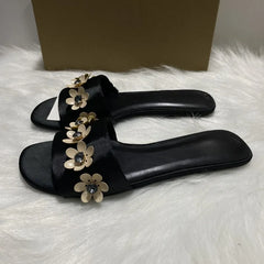 LIZAKOSHT  -  Brand Summer Women Flat Slides Flower Decoration Black Open Toe Vacation Female Beach Shoes Outside Plus Size Modern Slippers