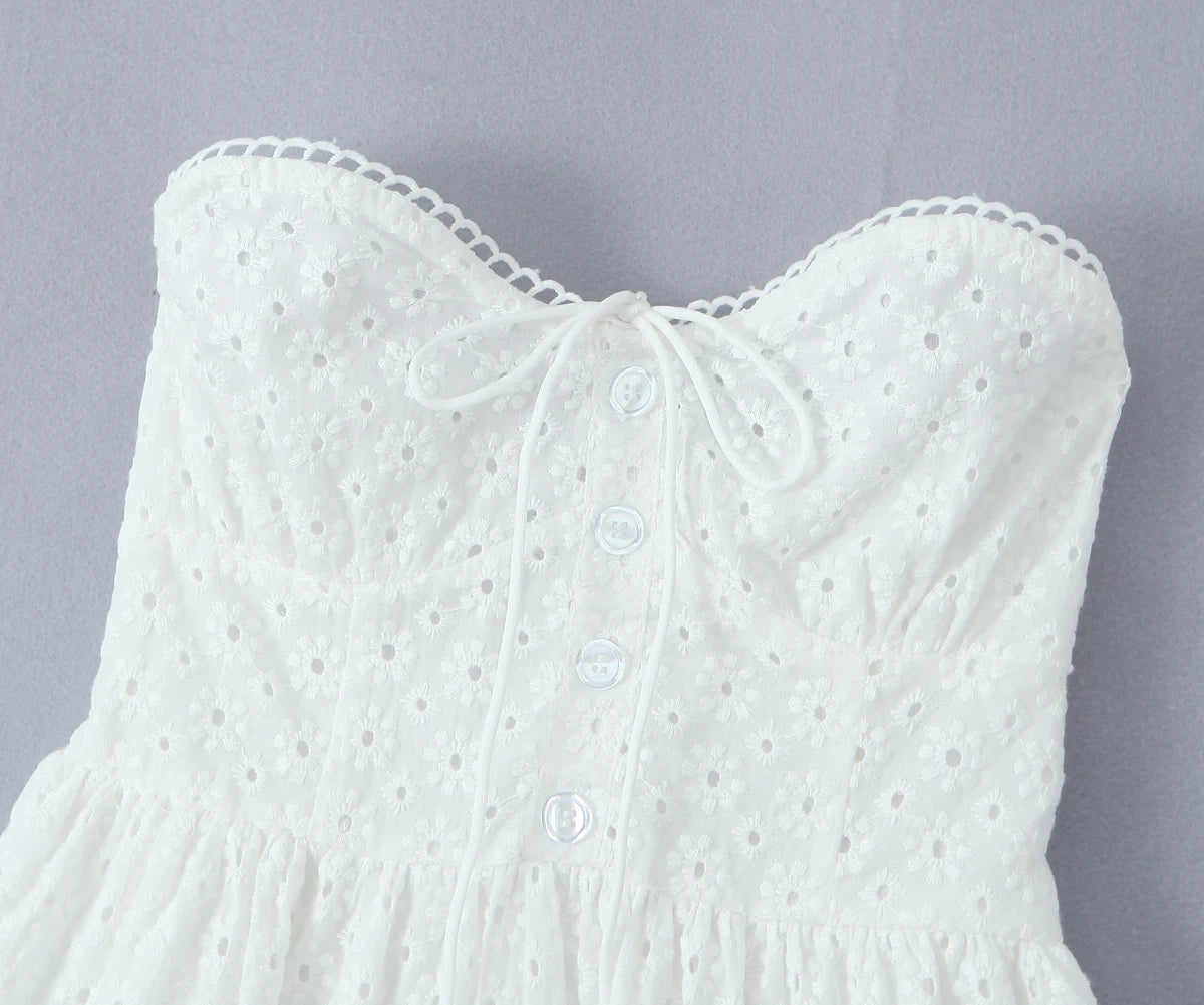 LIZAKOSHT  -  Evening Party Embroideryed Dress Elegant Summer Solid Color White Lace dress Off Shoulder Short Dress Front Tie Back Shirred