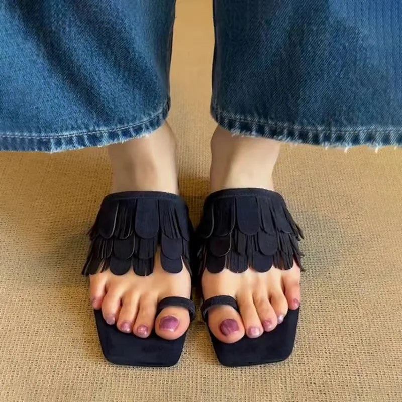 LIZAKOSHT  -  Fringe Brown Flip Flops Slippers Square Heels Peep Toe Suede Genuine Leather Sandals Summer Women's Vocation Fashion Shoes