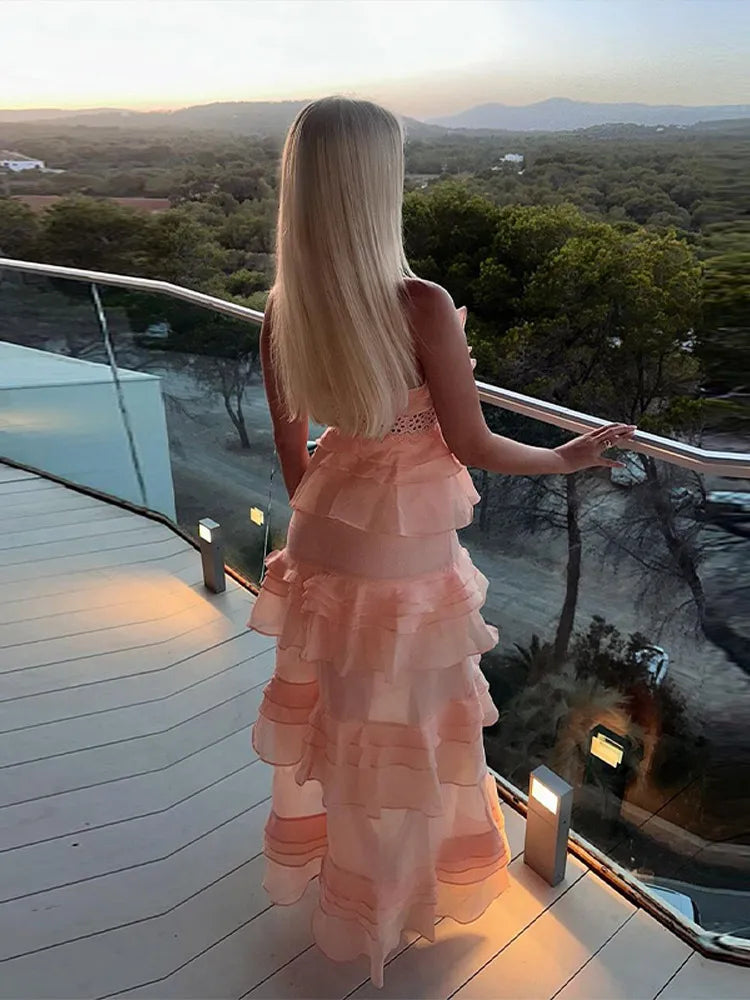 LIZAKOSHT  -  Cascading Ruffle Slip Women's Dress V-neck Sleeveless Hollow Out Waist Cinching Evening Party Dresses 2025 Summer Elegant Robe
