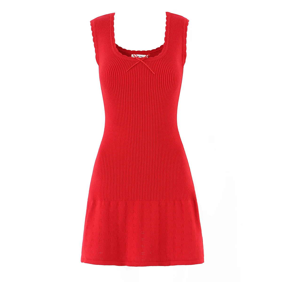 LIZAKOSHT  -  CHIC Wave O neck Rib Knitted Mini Sleeveless Dress Women Slim Waist Spliced Ruffles A-line Hem Knitting Dresses Short Sun Robe