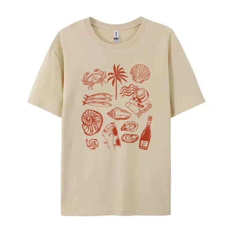 LIZAKOSHT  -  Summer Ocean Coastal Graphic Tees Trendy Retro Aesthetic La Dolce Vita T Shirt Cute Oyster Wine Shirt Beach Vacation Women Tops