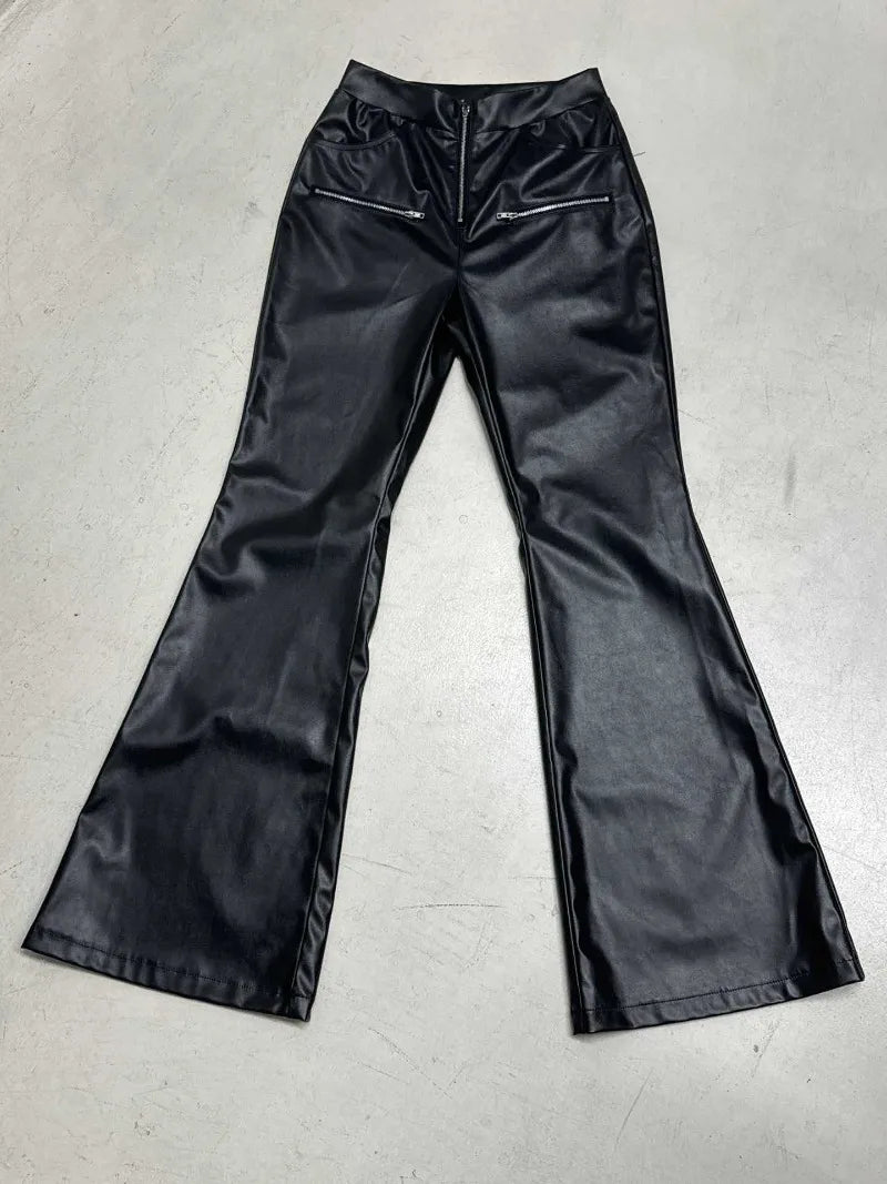 LIZAKOSHT  -  Women Fashion Black PU Leather Slim Flare Pants Zippers High Waist Peach Hips Stretch Boot Cut Skinny Trousers Casual Streetwear