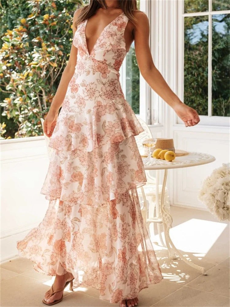LIZAKOSHT  -  Women Floral Print Long Dress Sleeveless Deep V Neck Tiered Ruffles Hem Dresses Spring Summer Backless Beach Vestidos