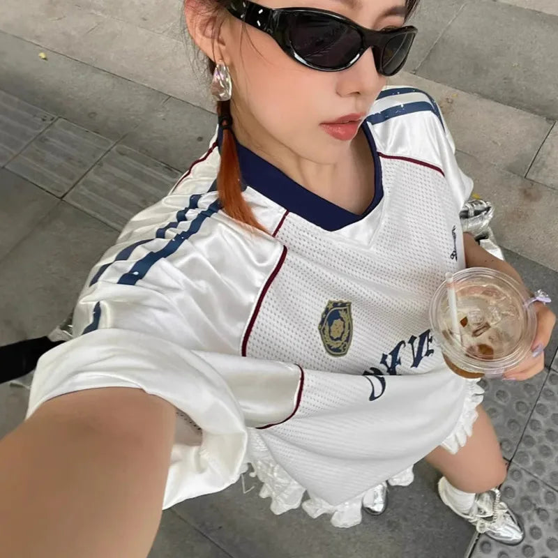 LIZAKOSHT  -  Women Hollowed Out Sportswear Striped Half Sleeved Loose T-shirt Casual Sports Retro Street Trend Summer Comfortable Breathable