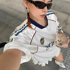 LIZAKOSHT  -  Women Hollowed Out Sportswear Striped Half Sleeved Loose T-shirt Casual Sports Retro Street Trend Summer Comfortable Breathable