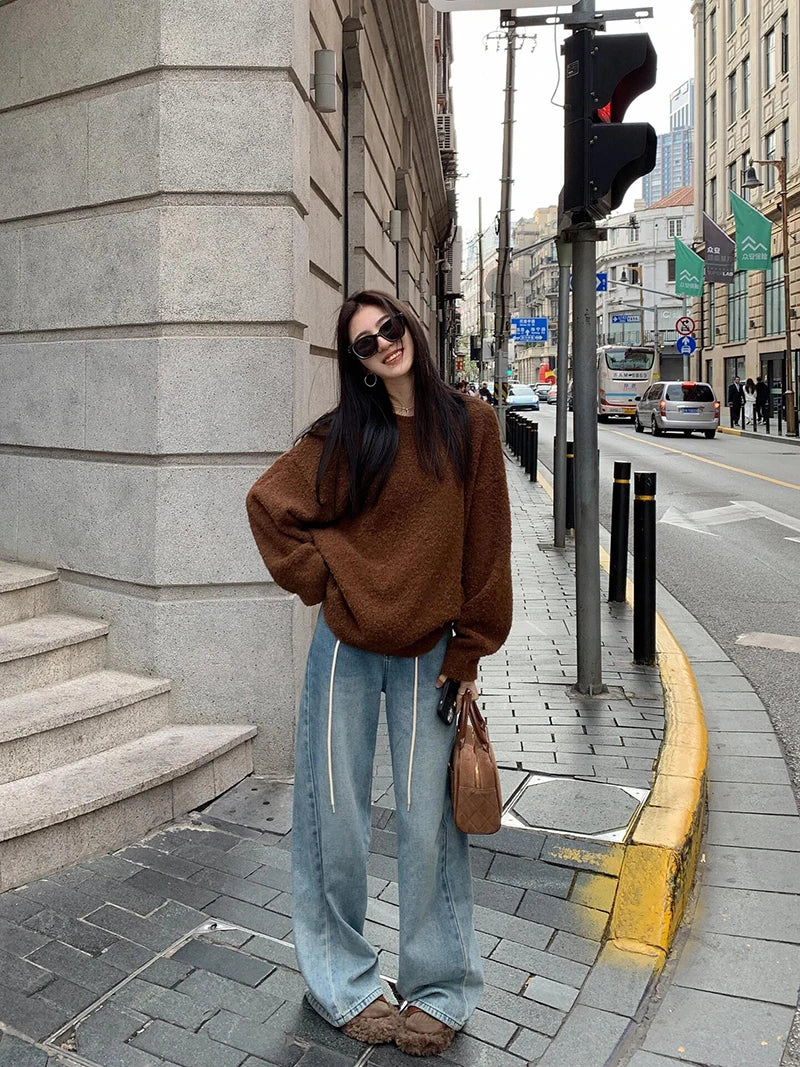 LIZAKOSHT  -  Vintage Brown Knit Sweater Women Autumn Winter Loose Casual Lazy Wind Pullovers Streetwear Harajuku Baggy Long Sleeve Jumpers
