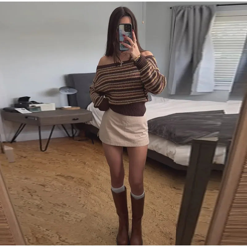 LIZAKOSHT  -  Women's Striped Off-Shoulder Cropped Knit Sweater Full Sleeve Waist Cinching Top 2026 Spring Autumn Female Daily Casual Outings