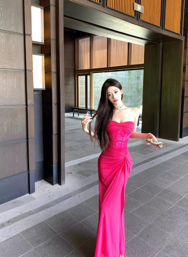 LIZAKOSHT  -  Dresses Women Sexy Lace Patchwork Strapless Slim Ruched Backless Temperament Cocktail Dress Party Female Fashion