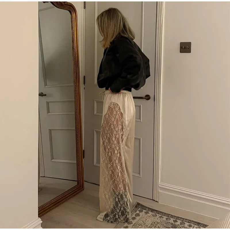 LIZAKOSHT  -  Sexy Satin Pants Women Loose Elastic Waist Lace Up Patchwork Lace See Through Trousers Female Spring Chic Solid Streetwears
