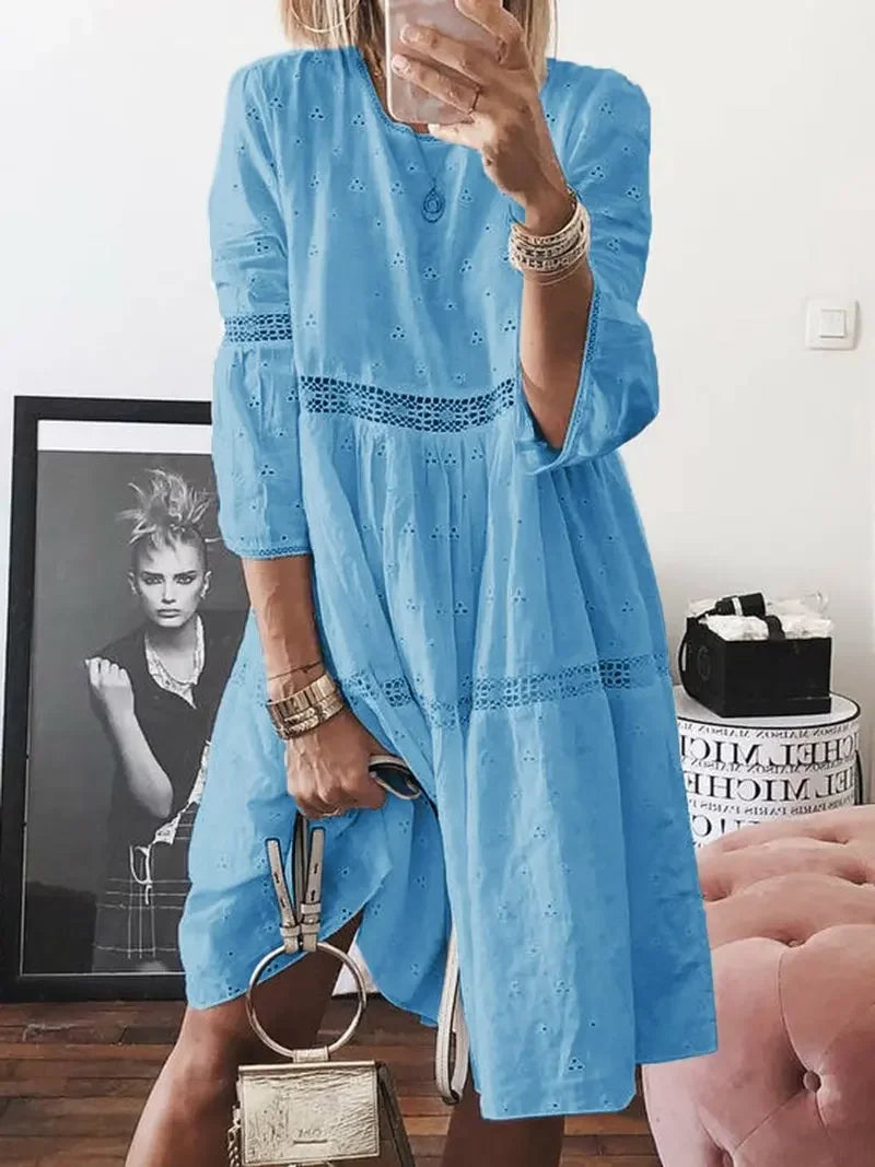 LIZAKOSHT  -  Summer Lace Splicing Hollow Embroidery Dresses Short Sleeve Loose Casual White Dress Women's Clothing Design Chic Dress New