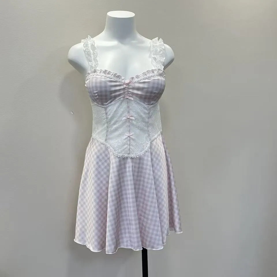 LIZAKOSHT  -  Sweet Heart Nightgowns Plaid Nightdress College Style Summer Sexy Nightgowns Spice Wide Edge Lace Dress Waist Skinny Nightgowns