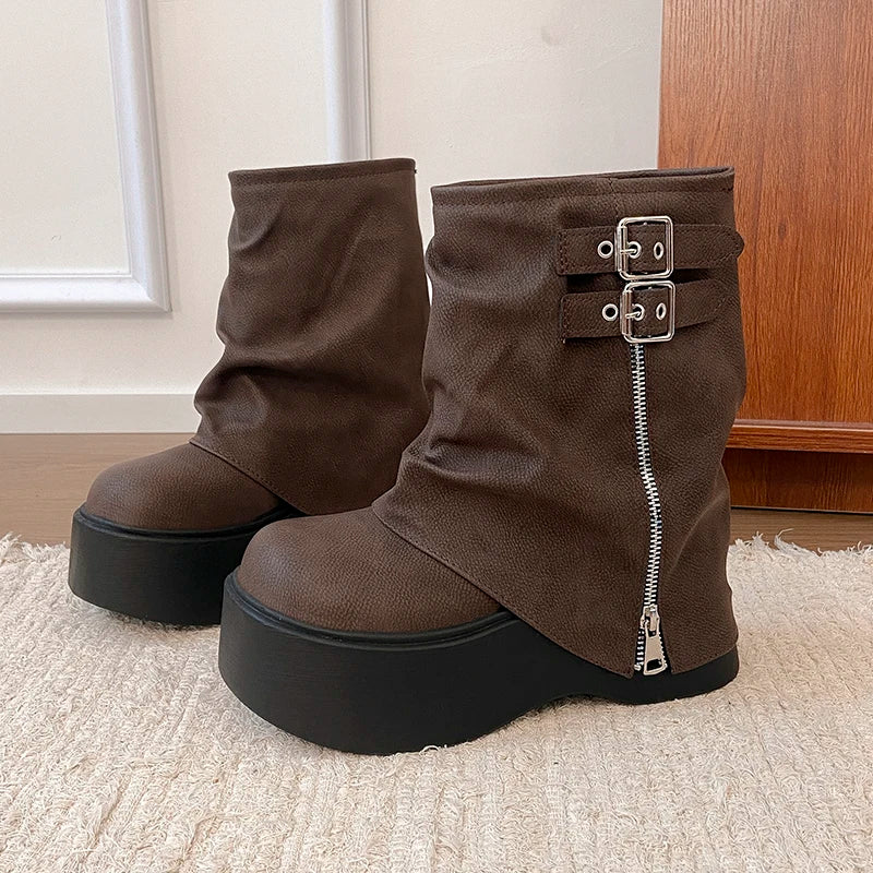 LIZAKOSHT  -  Autumn Winter Chunky Thick Sole Women Pipe Ankle Boots Designer Belt Buckle Platform Heel Shoes Modern Short Botas Para Mujer