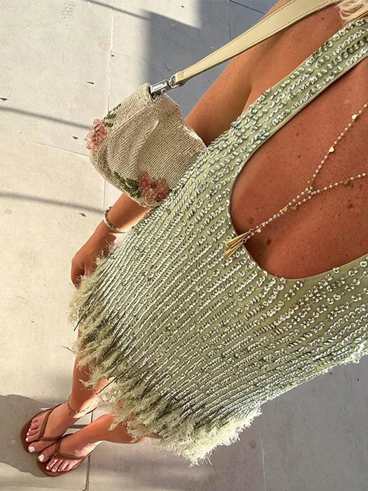 LIZAKOSHT  -  Fashion Sequin Tassel Mini Dress For Women Sleeveless O-neck Feather Female Dresses 2025 Summer Elegant Beach Female Ball Gown
