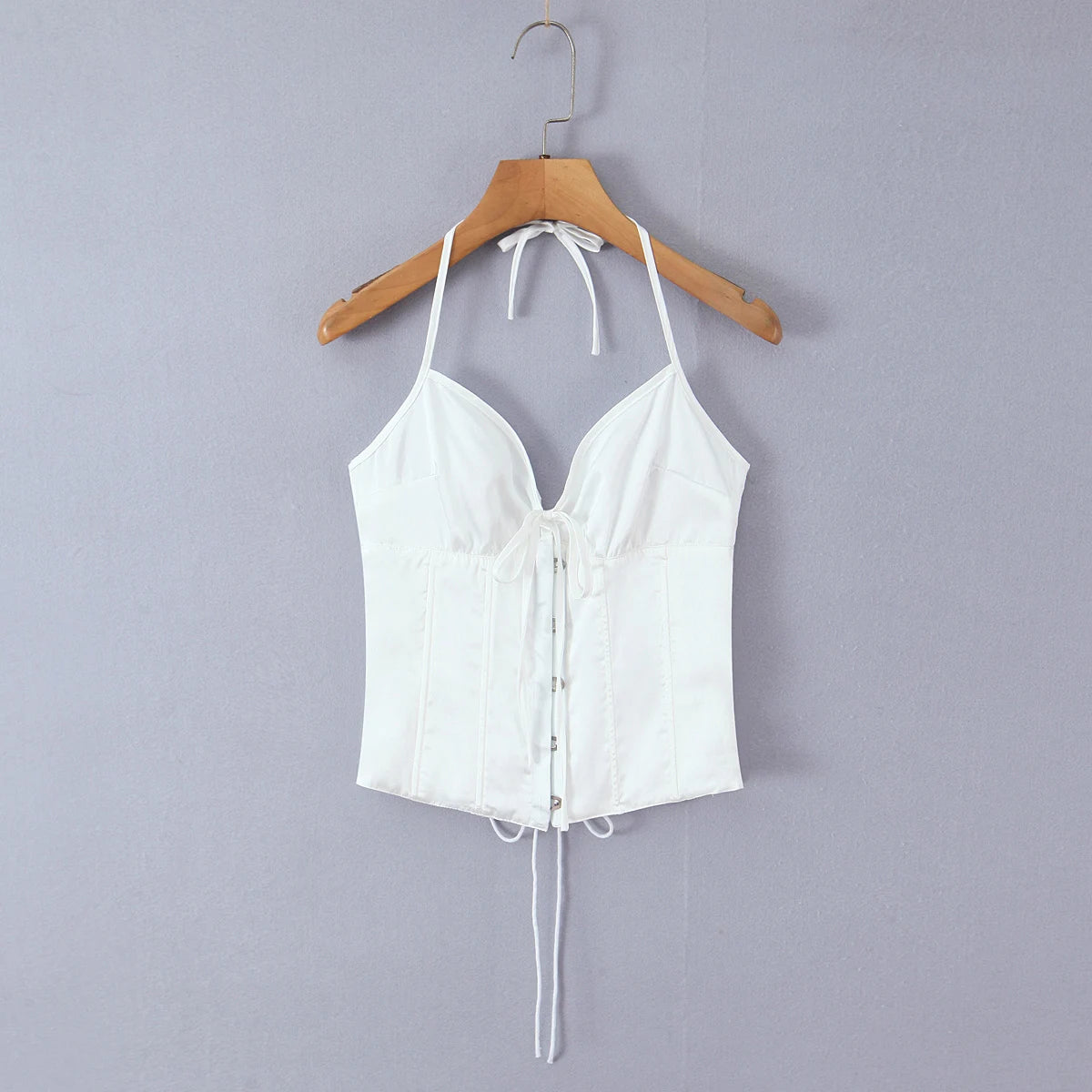 LIZAKOSHT  -  Sexy White Satin Bow Halter V neck Open Hook Buttons Slim Tank Top Women Cross Lacing Up Bandage Back Backless Tee Summer Vest