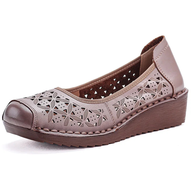 LIZAKOSHT  -  Women's Summer Real Leather Wedge Red Flats Cut out Loafers Vintage Breathable Slip-On Shoes Luxury Hollow Moccasin Female
﻿