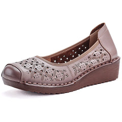 LIZAKOSHT  -  Women's Summer Real Leather Wedge Red Flats Cut out Loafers Vintage Breathable Slip-On Shoes Luxury Hollow Moccasin Female
﻿