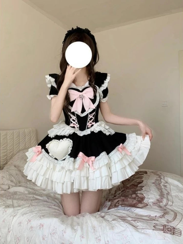 LIZAKOSHT  -  Kawaii Lovely Bow Lolita Dress Women's Design Sweet Slim Patchwork Japanese Dresses Summer Pretty Lace Up Thin Princess Dress