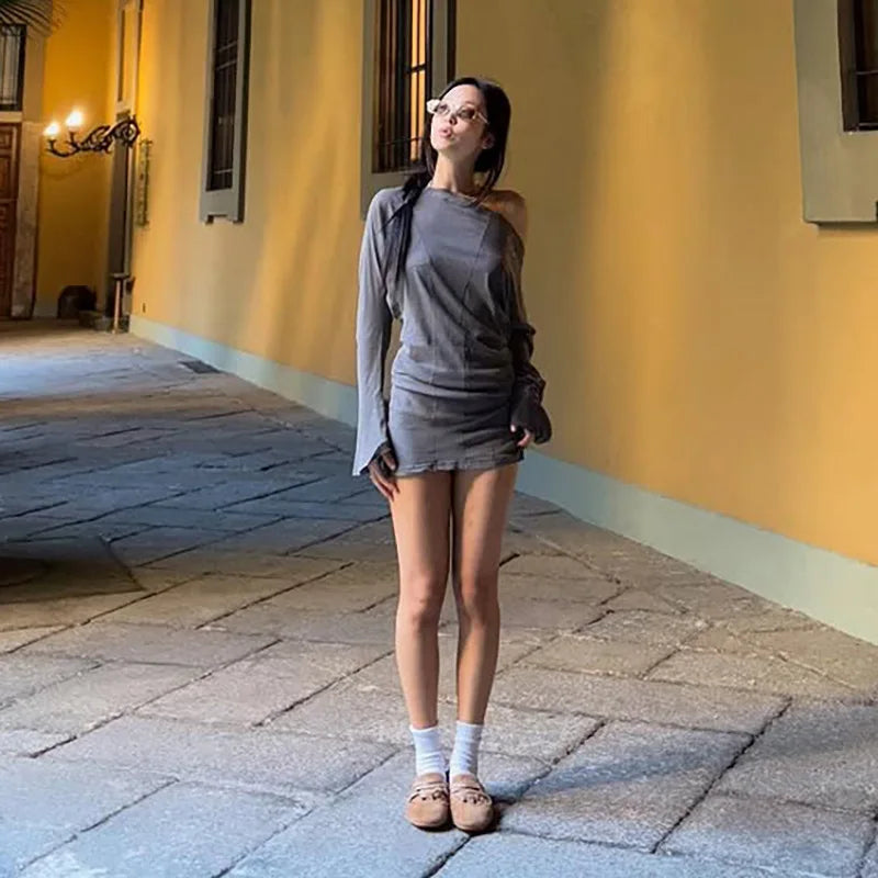 LIZAKOSHT  -  Casual Mini Dress Autumn Sexy Inclined Shoulder Flare Long Sleeve Ruched Bodycon Clubwear Women Fashion Daily Streetwear