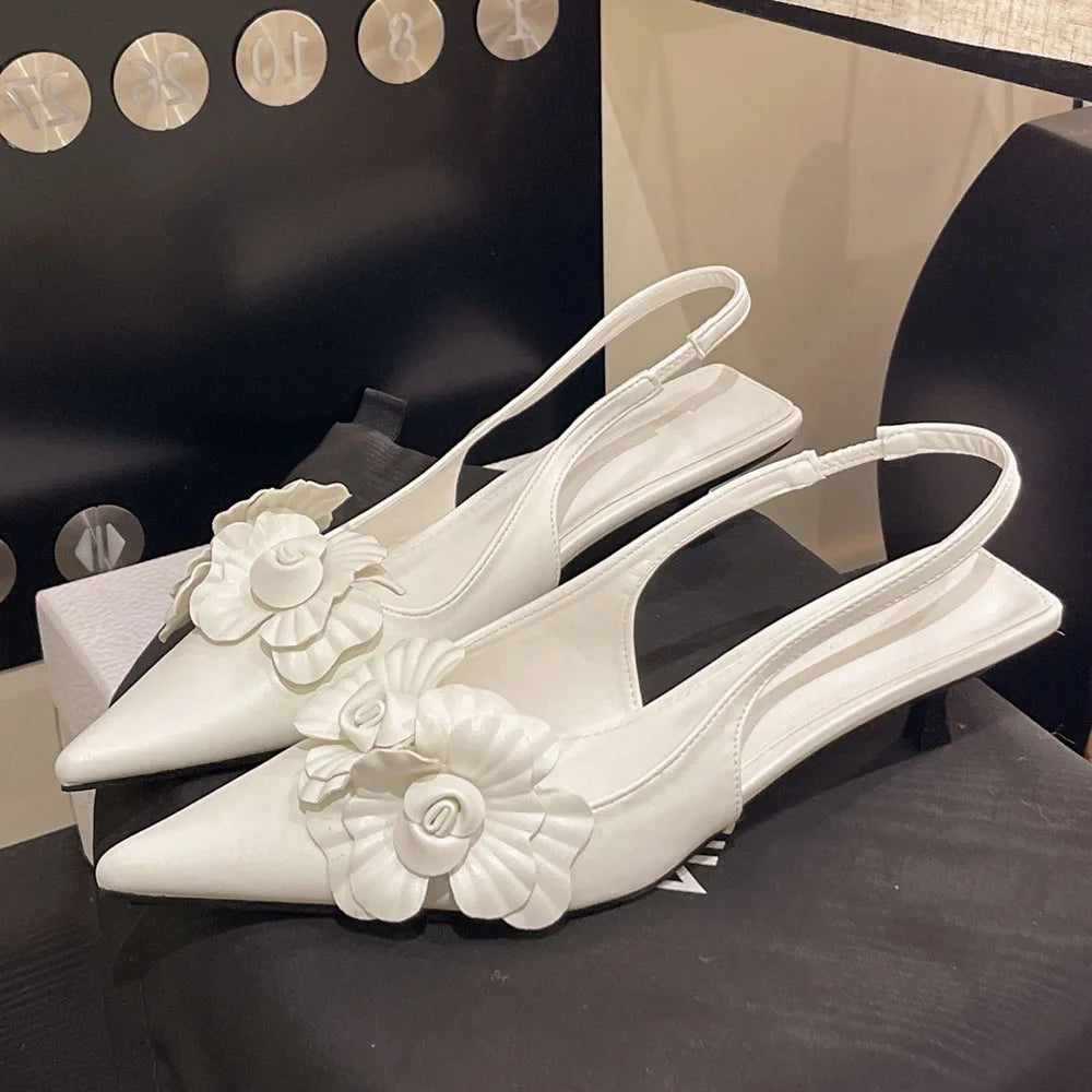 LIZAKOSHT  -  Size 42 Vintage y2k Flowers Black Pointy Toe Slingback Pumps Cross-strap Summer 5cm Kitten Heels White Lady Shoes Women