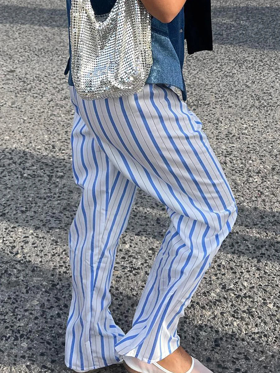 LIZAKOSHT  -  Women's Casual Straight Pants Elastic Waist Plaid/Striped Print Pants Lounge Trousers with Pockets for Daily Life Spring Fall