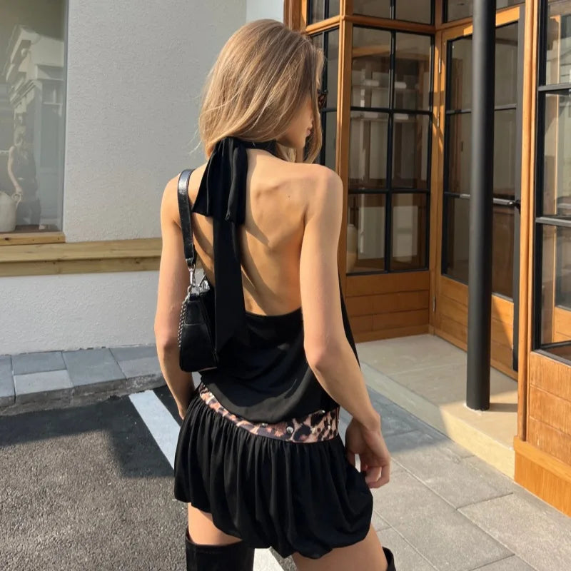 LIZAKOSHT  -  Sexy Halter Neck Leopard Tunics Mini Vacation Dress Streetwear Women Chic Hollow Out Backless Short Evening Party Dresses