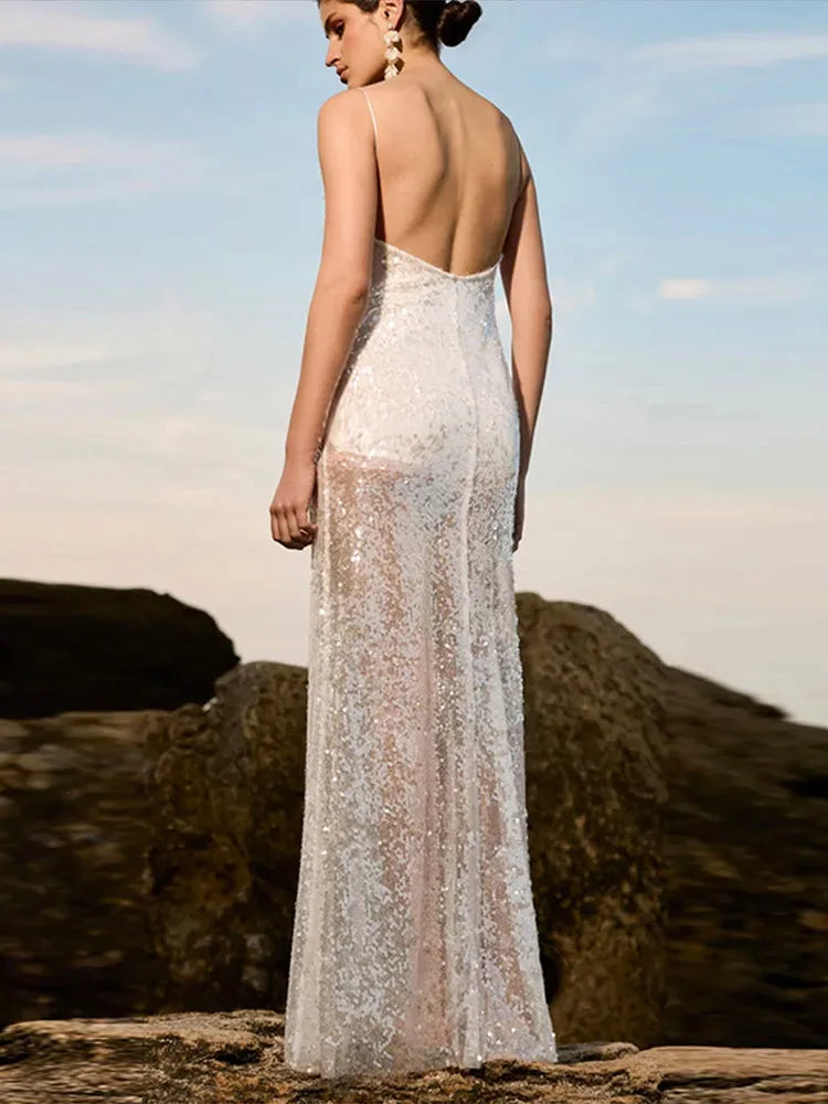 LIZAKOSHT  -  Fashion Solid Sequined Slip Maxi Dress For Women Sexy Sleeveless Backless Floor-length Dress Lady Shinning Evening Vestidos