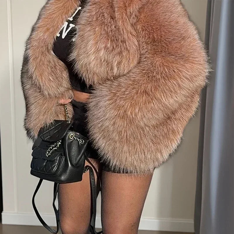 LIZAKOSHT  -  Women Solid Faux Fur Short Coat Elegant Long Sleeve Fluffy Loose Cropped Jacket Lady New Winter Warm High Street Outerwear 2025