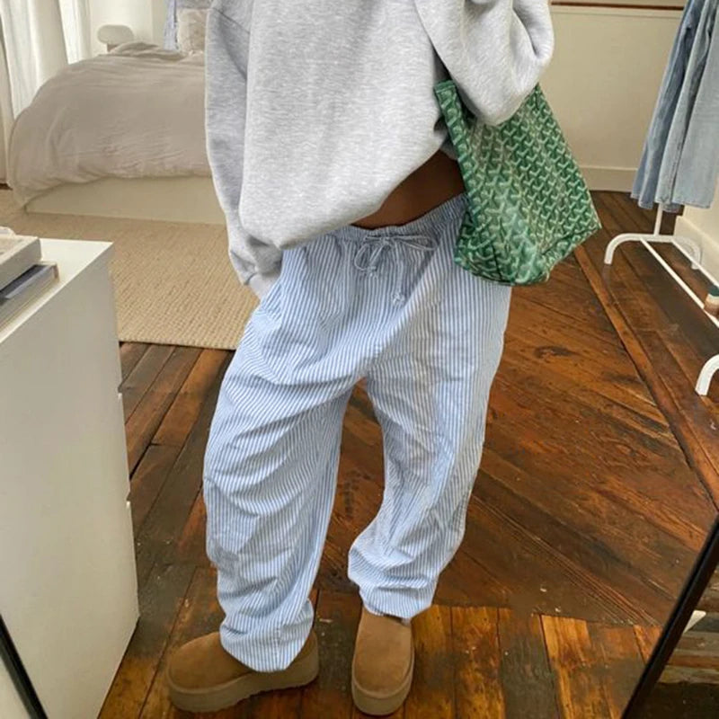 LIZAKOSHT  -  Streetwear Striped Print Loose Trousers Lace-up Joggers Fashion Y2K Baggy Pants Basic Aesthetic 90s Cute Bottoms