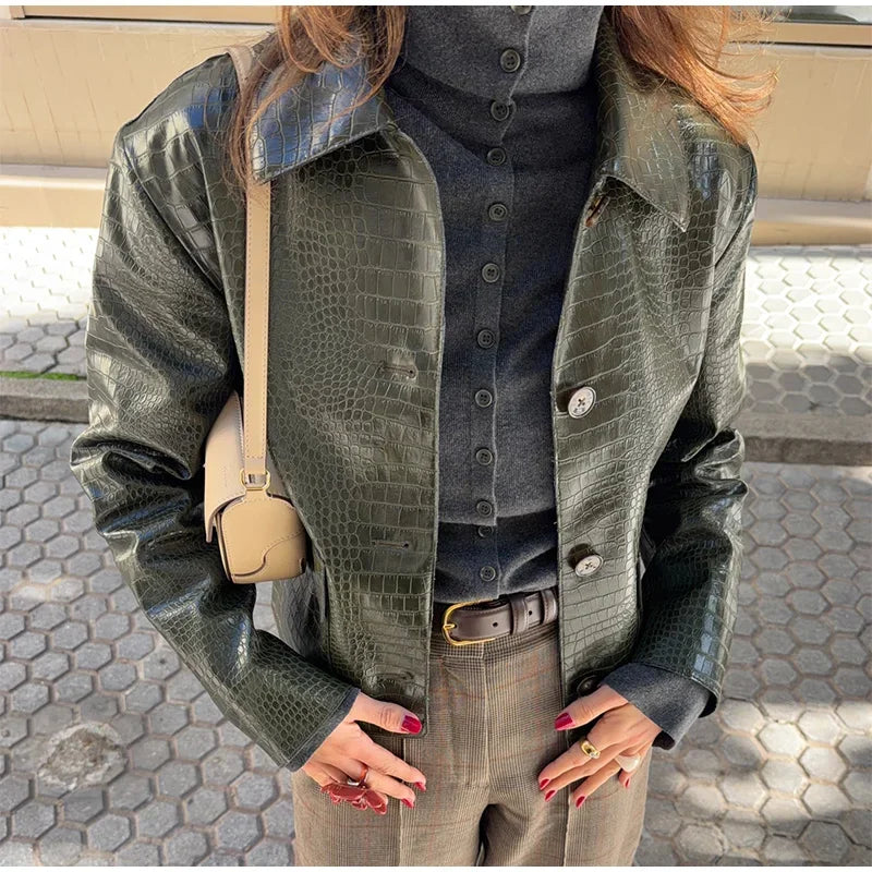 LIZAKOSHT  -  Women Embossed Faux Leather Jacket Lapel Collar Coat Single Breasted Flap Pocket Top Long Sleeve Cropped Moto Coats Fall Clothes