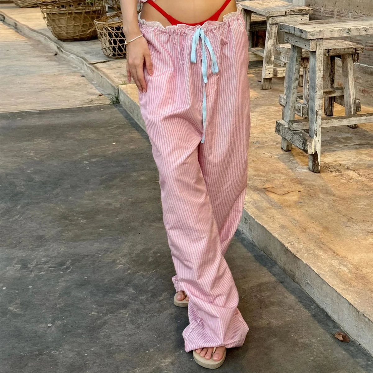 LIZAKOSHT  -  Women Wide Leg Pants Casual Loose Vertical Stripe Print Elastic Lounge Trousers with Pockets for Work Office Streetwear