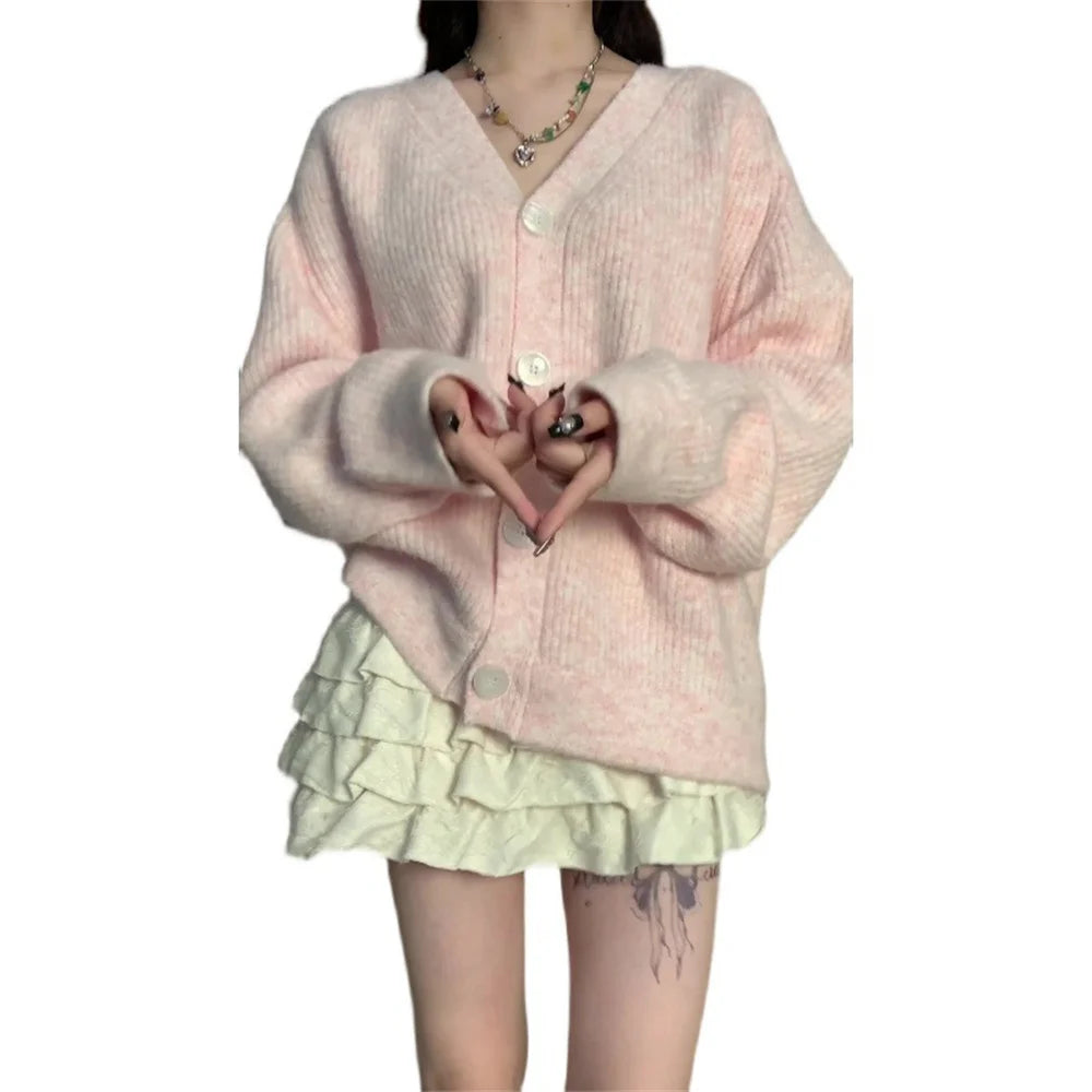 LIZAKOSHT  -  V-neck Cardigan Women Pure Knitted Sweet Princess Fashion Soft Loose Korean Style Girls Autumn Students Collage New Coats
