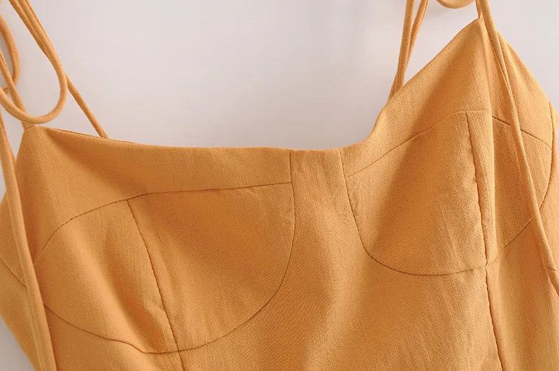 LIZAKOSHT  -  Sexy Solid Yellow Corset Style Bow Lacing up Strap Sling Dress Retro French Style Women Hem Slit Midi Long Dresses Holiday Robe