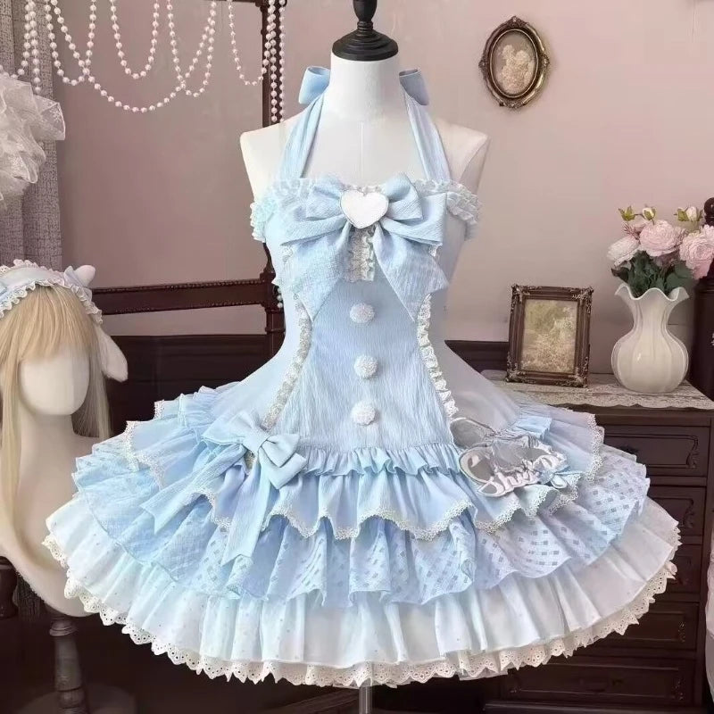  LIZAKOSHT  -  Coquette Sweet Lolita Mini Dress Women Halter Strap Lace Trim Ruffle Bow Slim Fit Bodycon Party Dress Elegant Casual Outfit