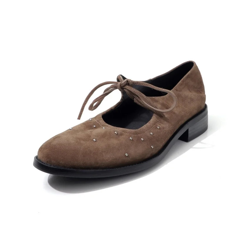 LIZAKOSHT  -  Women's High Heels Genuine Leather Shoes round Toe Riveted Detail Lace-Up Ankle Strap Stylish Footwear Women's Heels