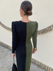 LIZAKOSHT  -  Patchwork Long Sleeve Slit Women Maxi Dress Green Deep V-neck Ruched Autumn Winter Skinny Elegant Party Evening Dress