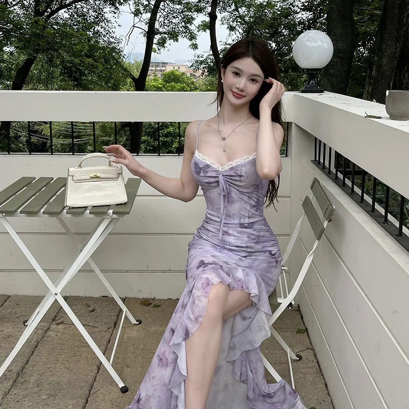 LIZAKOSHT  -  Printed Camisole Dress for Women Resort-style Butterfly Print Dress with Ruffled Hem