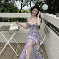LIZAKOSHT  -  Printed Camisole Dress for Women Resort-style Butterfly Print Dress with Ruffled Hem