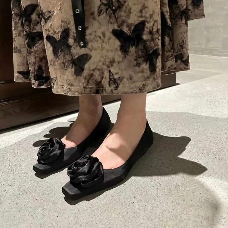 LIZAKOSHT  -  Summer Flats Shoes Women Square Toe Flat Female Ballet Rose Flower Shallow Ballerina Soft Moccasins Female Zapatillas Mujer
