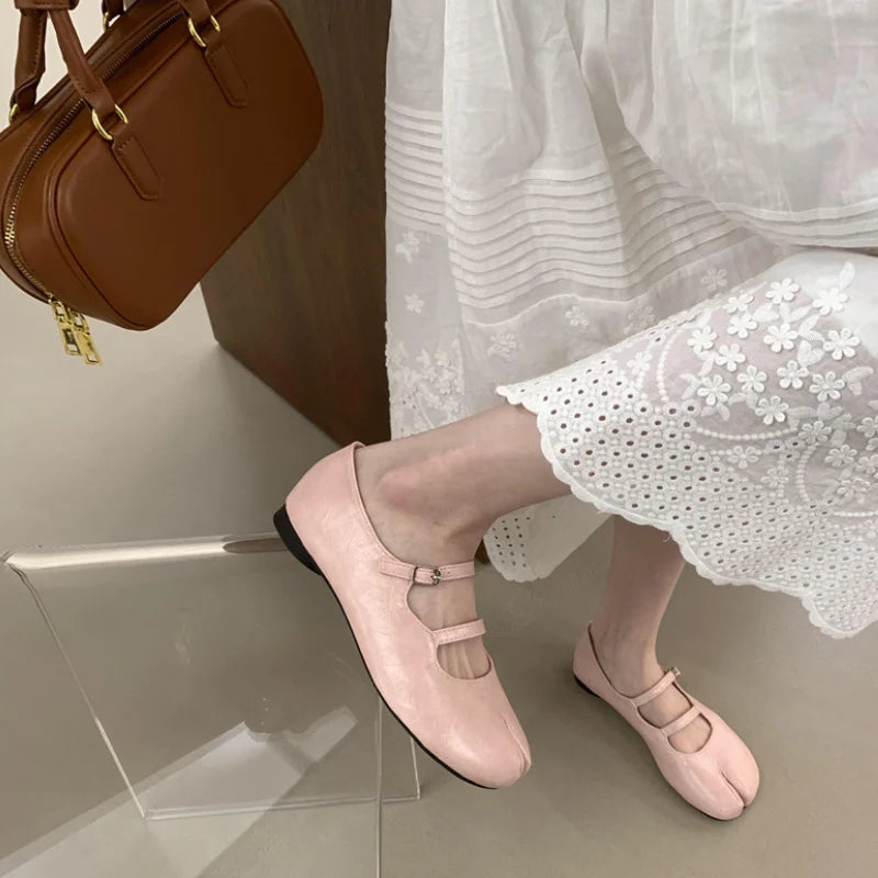 LIZAKOSHT  -  Spring New Tabi Ninja Shoes Women Round Spilt Toe Shallow Buckle Ballet Shoes Fashion Eelgant Low Heels Mary Jane Single Shoes