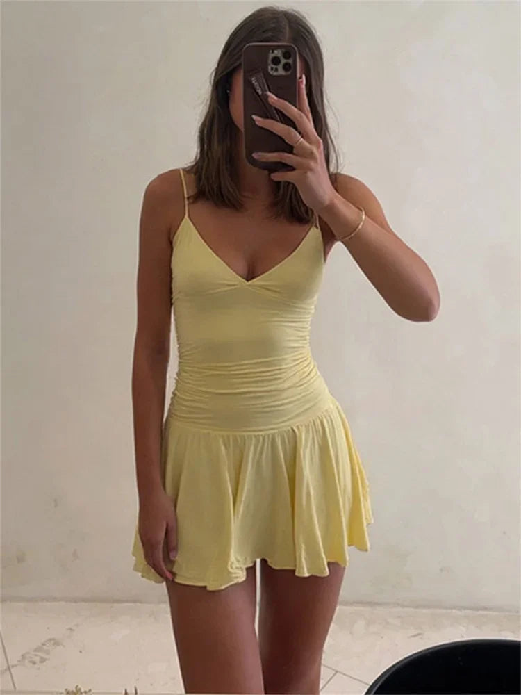 LIZAKOSHT  -  Summer V-Neck Backless Mini Dress Women's Patchwork High Waist Solid Spaghetti Slim Party Dress Lace-Up Solid Party Dress
