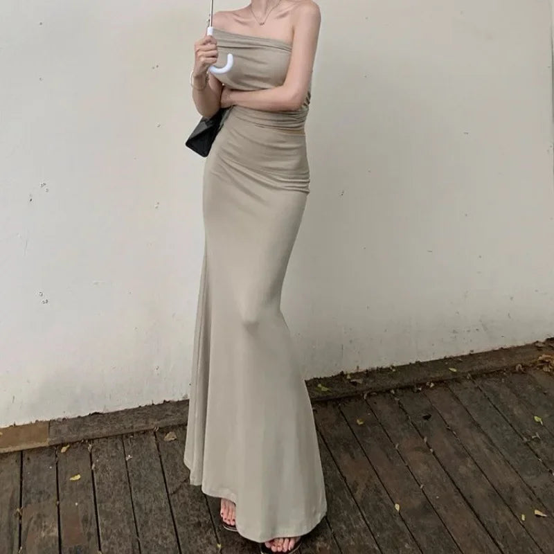 LIZAKOSHT  -  Women's Summer One Shoulder Pleated Slimming Top, Slim Fit Half Skirt, Long Skirt Two-Piece Set