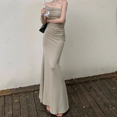 LIZAKOSHT  -  Women's Summer One Shoulder Pleated Slimming Top, Slim Fit Half Skirt, Long Skirt Two-Piece Set