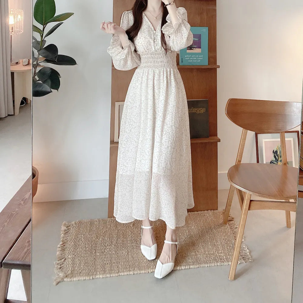 LIZAKOSHT  -  Korean Floral Print Midi Dresses for Women Summer New Pleated Slim Waist V-neck Long Sleeves Chiffon Sweet Female Clothing