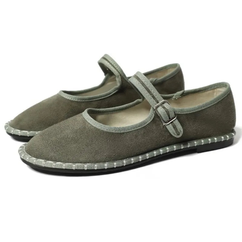 LIZAKOSHT  -  Velvet Round Toe Casual Flats Women Sewing Lightweight Brand Mary Jane Shoe Buckle Print Insole Comfort Retro Ballet Flats Women