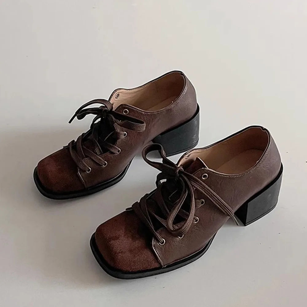LIZAKOSHT  -  Vintage Brown maillard Style Casual Pumps Square Toe Patchwork Block Heels Lace-up Shoes Women